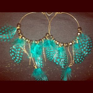 Brass Blue Green Black Feather Hoop Earrings